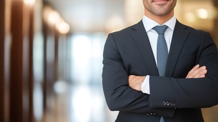 Confident Lawyer with Arms Crossed Posing in Modern Office Hallway, Corporate Attorney Concept
