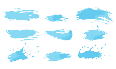 Light blue summer theme backgrounds, brush stroke texture, ink blot shapes, baby blue color splashes, seasonal sale water splash elements, artistic paint strokes, vector illustration.