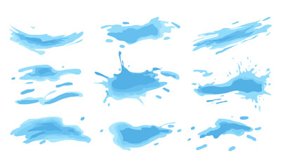 Summer theme vector backgrounds, light blue brush stroke, ink blot shapes, baby blue splashes, water splash elements, seasonal sale design, abstract paint texture, vector illustration.