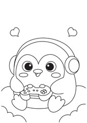 Coloring book penguin wearing headphones and happily holding a video game controller