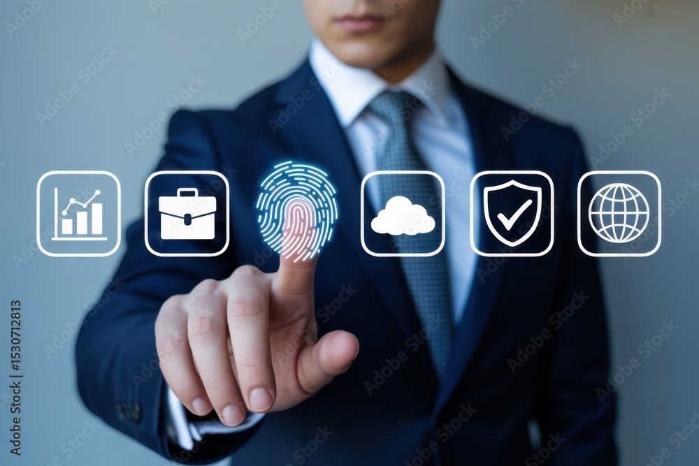 Poster businessman interacts with digital icons of business tools via fingerprint authentication.