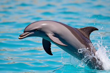 Naklejka premium Common dolphin jumping out of water, its sleek body glistening in sunlight.
