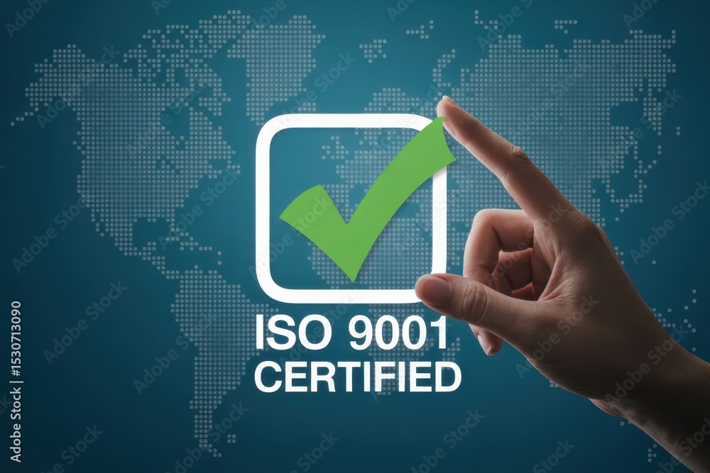 Poster ISO 9001 certification displayed on a digital interface.