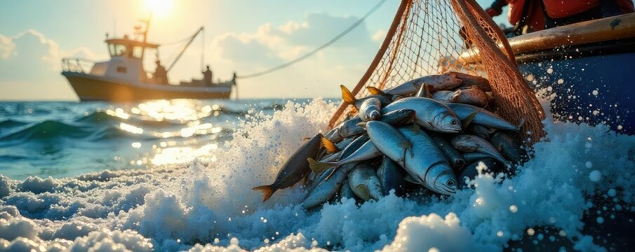 A fishing boat hauling in a net full of glistening fish, the ocean spray adding to the scene's vibrancy The sun shines brightly, highlighting the abundance of the catch , horizon, ocean view