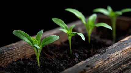 Close-up of young seedlings sprouting in a wooden planter box.