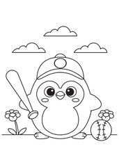 Coloring book penguin wearing a baseball cap, holding a bat, with a baseball nearby