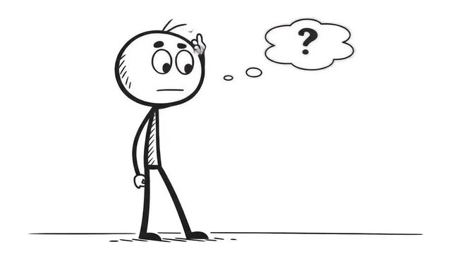 Animated Stick Figure Contemplating Question Mark in Thought Bubble