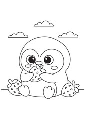 Coloring book penguin happily munching on a sweet strawberry, surrounded by other berries and fluffy clouds
