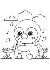 Coloring book penguin with a scarf, happily playing a saxophone with musical notes floating around.