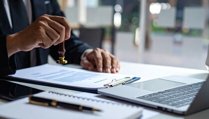 Man stamping approval on financial, banking, or investment documents at his desk official paperwork. rubber stamp with contract law and business documentation for legal agreements financial