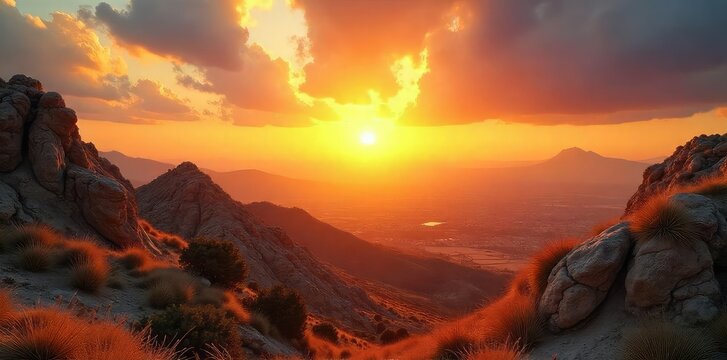 A majestic sunrise over the ancient land of Israel, symbolizing the divine presence and enduring spirit of faith , belief, divine, olive trees