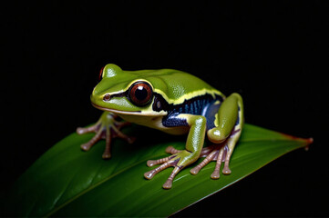Obraz premium Green tree frog sitting atop a leaf against a black background.