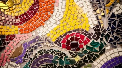 A slow push-in shot of a vibrant, intricate mosaic wall, highlighting the detailed texture and colorful abstract patterns - Powered by Adobe