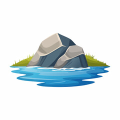 Cartoon illustration of a large rock formation in water, surrounded by green grass.