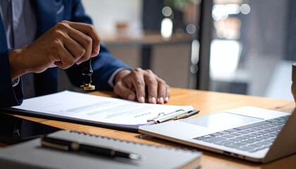 Man stamping approval on financial, banking, or investment documents at his desk official paperwork. rubber stamp with contract law and business documentation for legal agreements financial