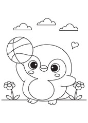 Coloring book penguin happily playing with a basketball, with a sweet heart bubble, clouds, and flowers