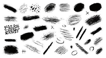 Street art graphic set, scribble lines and hatches, crosses and sketch ovals, hand drawn pencil strokes, grunge texture pack. Vector illustration, minimal strokes, isolated art.
