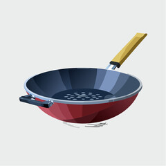 Flat Design Illustration of Empty Wok Pan with Wooden Handle

