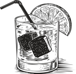 Old Fashioned Cocktail Sketch - Drink with Ice & Orange Slice

