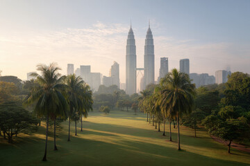 stunning symbolic cityscape of kuala lumpur featuring iconic petronas towers and lush greenery