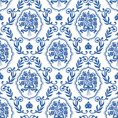 Seamless pattern of botanical iris florals drawn in blue pencil line art, artistic sketch texture and soft edge detail, evenly spaced on light parchment background