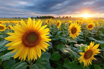 Fototapeta premium Sunlit field of sunflowers at sunset, vibrant yellow blossoms against a dramatic sky.