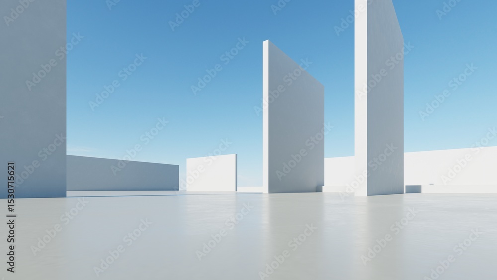 Poster 3d illustration of abstract modern architecture background, Minimal geometry architectural design, Car presentation backdrop with empty concrete floor, Geometric white blocks building design