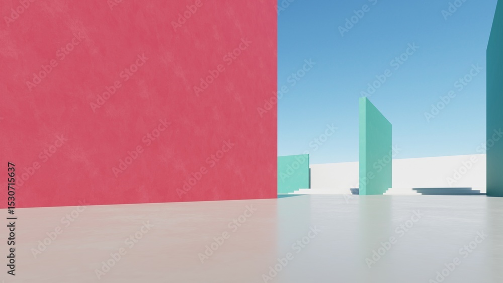 Aufkleber 3d illustration of abstract modern architecture background, Minimal geometry architectural design, Car presentation backdrop with empty concrete floor, Geometric white blocks building design