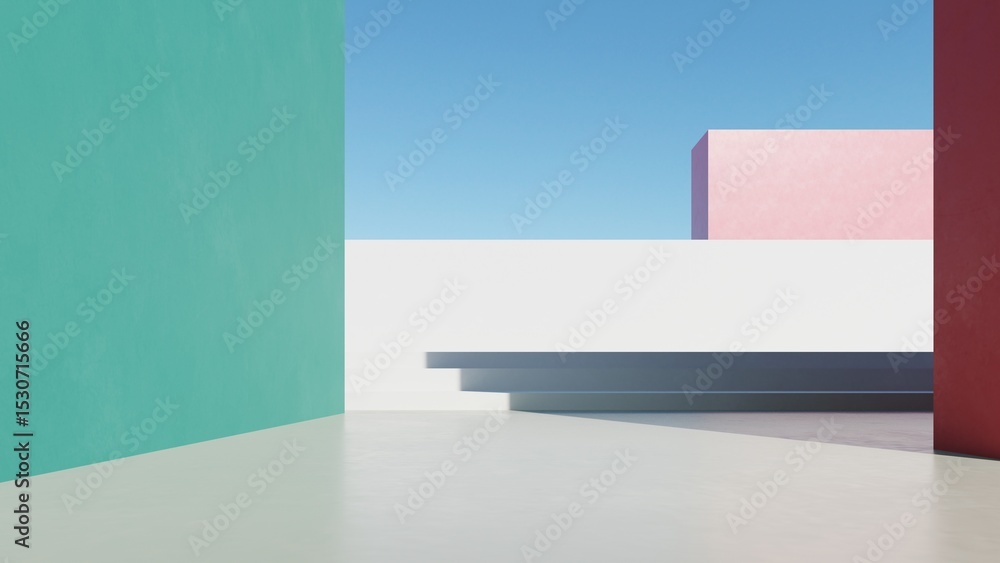 Aufkleber 3d illustration of abstract modern architecture background, Minimal geometry architectural design, Car presentation backdrop with empty concrete floor, Geometric white blocks building design