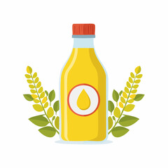 Cartoon Illustration of Sunflower Oil Bottle with Decorative Leaves and Flowers

