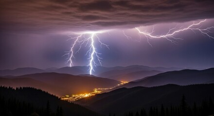 A dramatic landscape view featuring lightning striking over a mountain range and a glowing city below