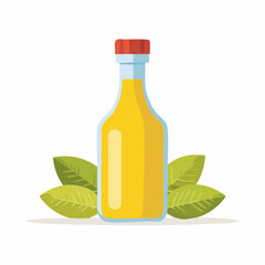 Cartoon Illustration of Sunflower Oil Bottle with Decorative Leaves and Flowers

