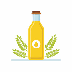 Cartoon Illustration of Sunflower Oil Bottle with Decorative Leaves and Flowers

