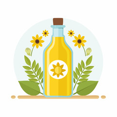 Cartoon Illustration of Sunflower Oil Bottle with Decorative Leaves and Flowers

