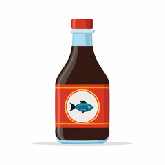 Cartoon Illustration of Fish Sauce Bottle with Red Cap and Decorative Leaves

