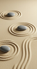 Top-down view of minimalist Zen sand garden lines and stone, natural beige tones