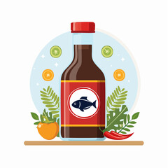 Cartoon Illustration of Fish Sauce Bottle with Red Cap and Decorative Leaves


