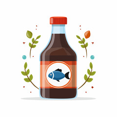 Cartoon Illustration of Fish Sauce Bottle with Red Cap and Decorative Leaves

