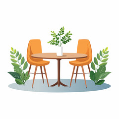 Simple illustration of an orange-colored dining table and chairs, surrounded by greenery.