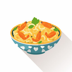 Cartoon Illustration of Fried Rice with Shrimp, Herbs, and Crispy Garnish in Blue Bowl

