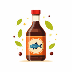 Cartoon Illustration of Fish Sauce Bottle with Red Cap and Decorative Leaves

