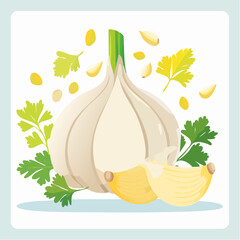 Garlic Bulb with Sliced and Whole Cloves on Cutting Board Illustration

