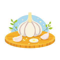 Garlic Bulb with Sliced and Whole Cloves on Cutting Board Illustration

