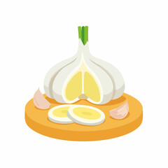 Garlic Bulb with Sliced and Whole Cloves on Cutting Board Illustration

