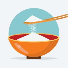 Illustration of White Rice in Orange Bowl with Chopsticks and Blue Background

