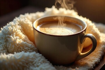 Close-up of a steaming mug of hot beverage next to a soft, plush blanket on a wooden surface, conveying warmth and comfort perfect for relaxation , relaxation, hot drink