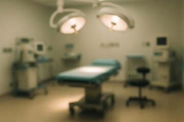 Blurry view of a hospital operating room with surgical lights and equipment.