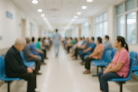 A busy waiting room with diverse patients seated, awaiting their turn.