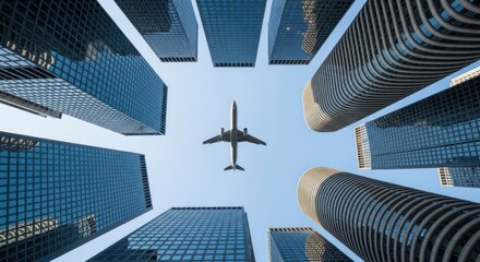 An airplane flying overhead surrounded by tall buildings in a city on a bright sunny day view from below