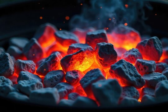 Close-up shot of glowing charcoal embers in a barbecue grill, radiating intense heat perfect for grilling The hot coals are surrounded by ash, ready for cooking , patio, red, gastronomy